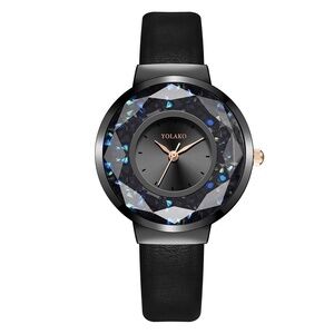 Sleek Sophistication: Black Geometric Crystal Faux-Leather Watch